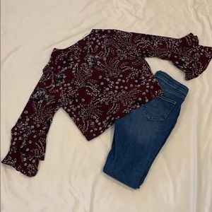 Maroon floral long sleeve crop top
